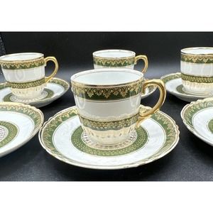 Haviland Limoges CFH/GDM France Gold Green Delicate Cups & Saucers Beautiful! S1